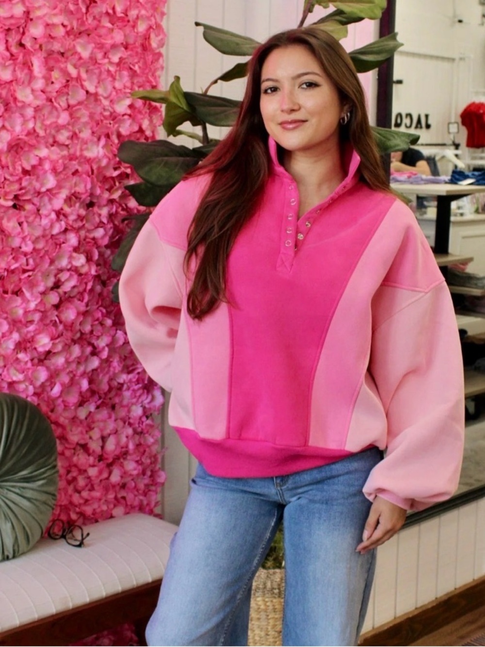 EUC BiBi Pink Colorblock Oversized Snap Neck Pullover Sweatshirt - Large
